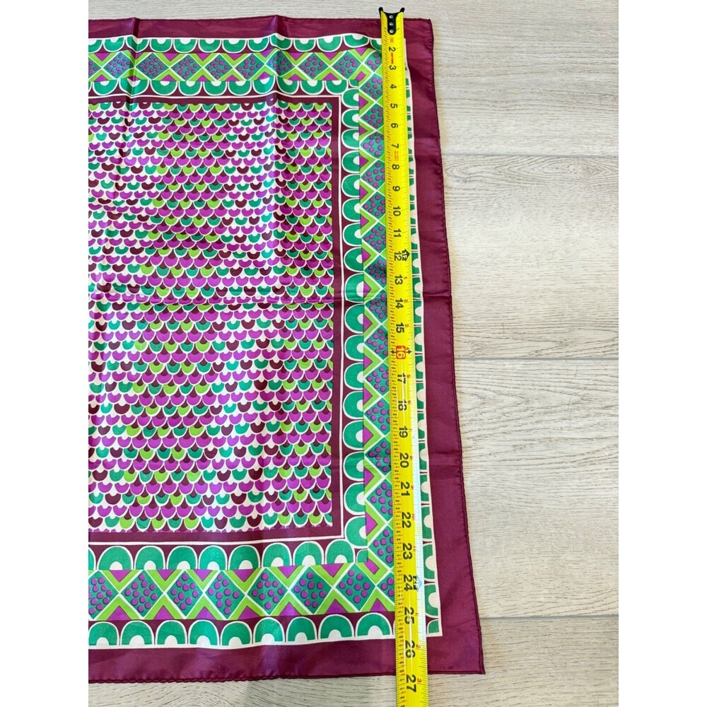 Vintage Sillook Japanese Geometric Scarf Scallop | Green and Purple | 27" Square - Picture 14 of 15